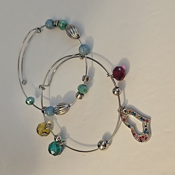 2 Silvertone Crystal, Rhinestone & Acrylic Slide 2 1/2" Slide Bracelets - Picture 1 of 4